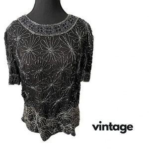 Papell Boutique |  Black Floral Beaded Top | Size XL [164]